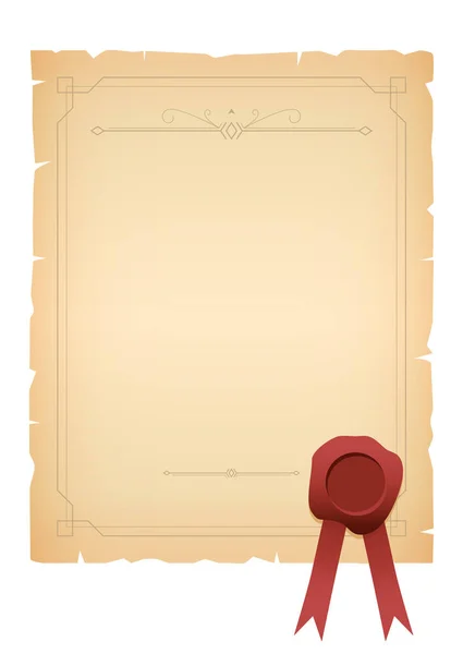 Sheet of old paper with vintage frame and decorative elements and wax seal — Stock Vector