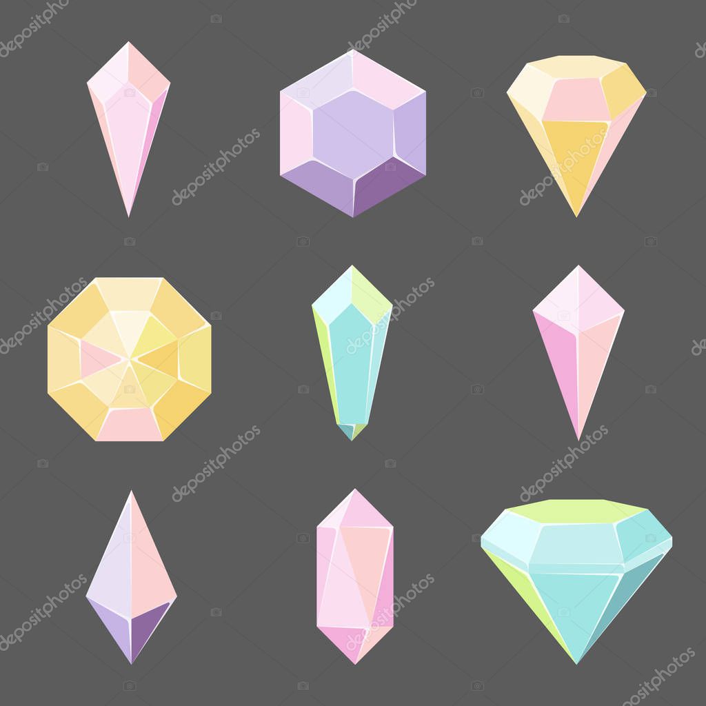 Collection of glass crystals and gemstones. Vector illustration