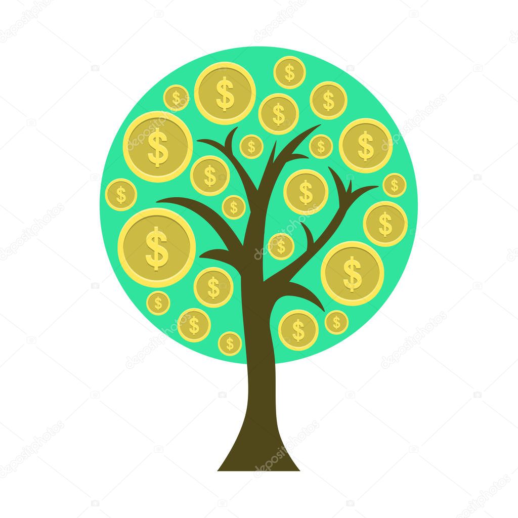 Money tree with dollar coins growing on its branches. Vector illustration on white background