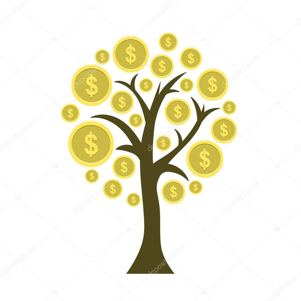 Money tree with dollar coins growing on its branches. Vector illustration on white background