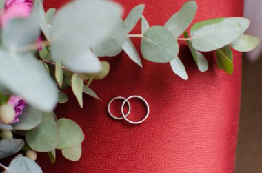 Kırmızı arka planda iki alyansı olan okaliptüs dalı