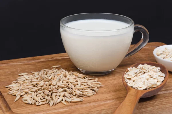 Oatmeal Milk Oat Seeds Wooden Background Vegetarian Food — Stock Photo, Image
