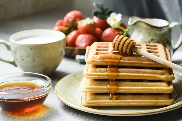 Gofres belgas con miel y bayas frescas — Foto de Stock