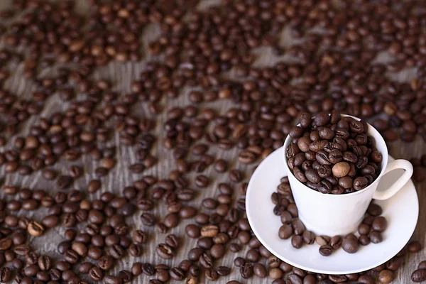 Conceito de café: grãos de café fritos em copo de café branco de porcelana — Fotografia de Stock