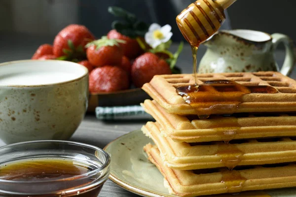 Gofres belgas con miel y bayas frescas — Foto de Stock