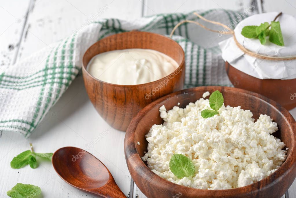 Dairy products milk cottage cheese, sour cream