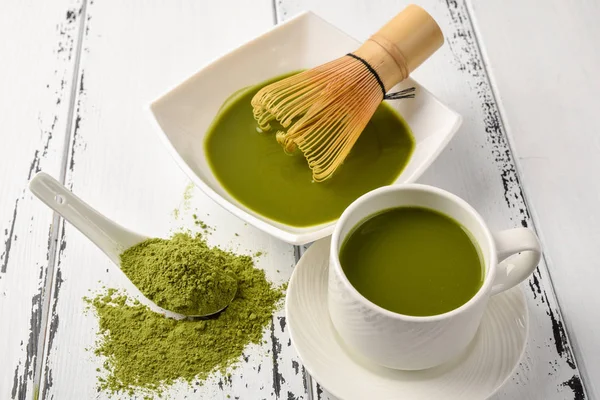 Green tea match powder in a white ceramic spoon, Preparation of