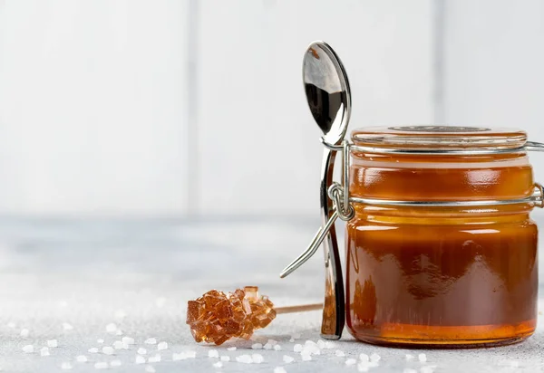 Homemade salted caramel sauce. Selective focus, space for text. — Stock Photo, Image