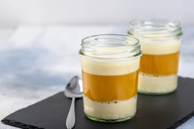 Tatlı. Mangolu hindistan cevizi sütlü panna cotta, İtalyan tatlısı, hafif arka planda ev yapımı. Kopyalama alanı