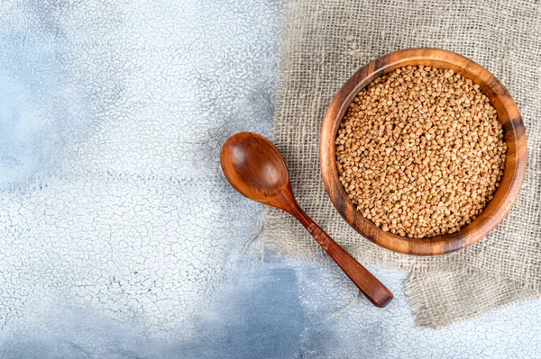 Buckwheats Wood Bowl Sack Cloth Light Background Top View — Stock Photo, Image