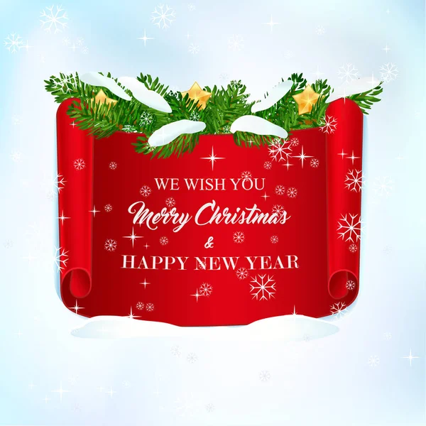 Realistic red paper with sign - We wish you a Merry Christmas and Happy New Year — Stock Vector