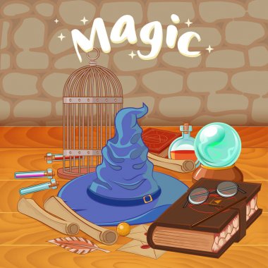 Things magician: wizard, hat, magic book, roll, potion, broom, crystal bal clipart