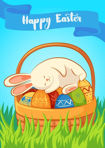 Tarjeta con dormir el Conejo de Pascua sobre un fondo azul . — Vector de stock