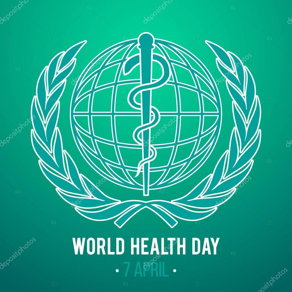 World health day symbol. Globe and the staff of Asclepius. Green background.