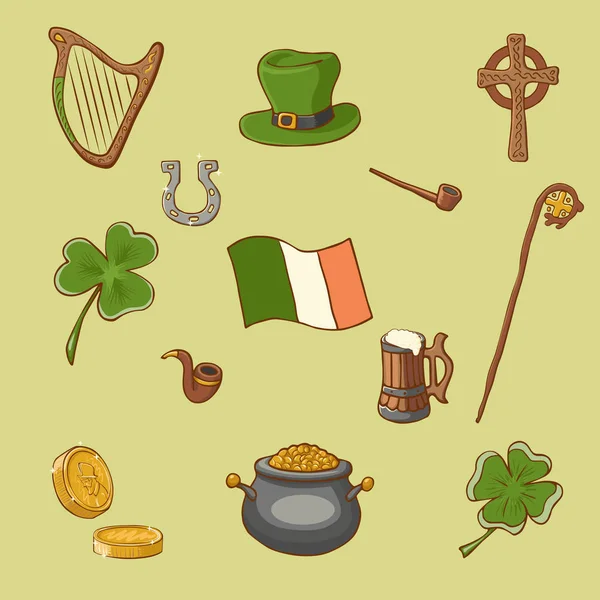 Aziz Patrick günü vektör tasarım öğeleri ayarla: at nalı, çapraz, ARP, şnorkel, sopa, çubuk, şapka, yonca, bira, paralar. Karikatür tarzı.