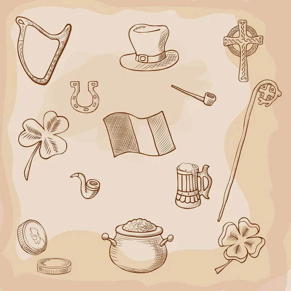 Ensemble d'éléments vectoriels de la Saint-Patrick : fer à cheval, croix, harpe, tuba, bâton, tige, chapeau, trèfle, bière, pièces. Cartoon style . — Image vectorielle