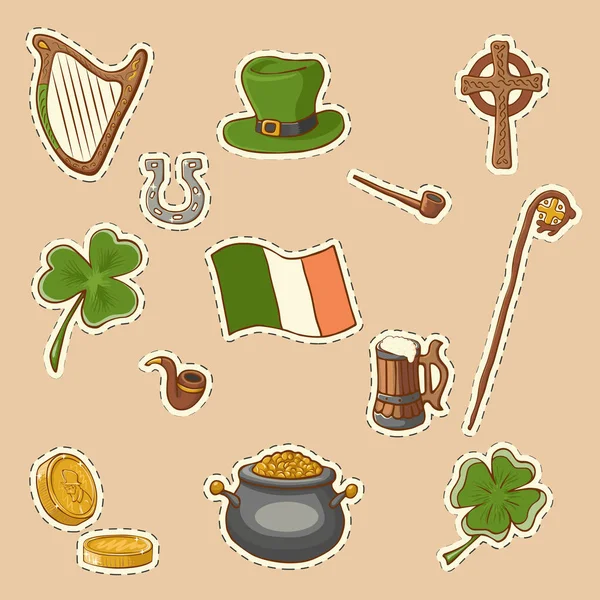 stock vector St. Patrick's Day vector design elements set: horseshoe, cross, harp, snorkel, stick, rod, hat, shamrock, beer, coins. Cartoon style.