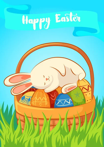 Tarjeta con dormir el Conejo de Pascua en un azul — Vector de stock