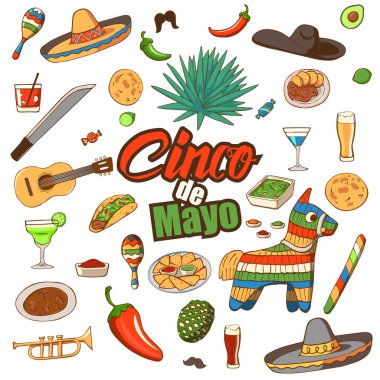 Cinco de Mayo kutlama Meksika, Icons set, tasarım öğesi. Cinco de Mayo karnaval için toplama nesneleri