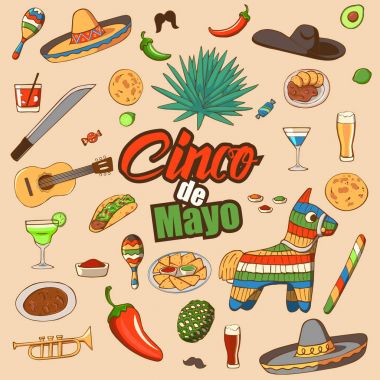 Cinco de Mayo kutlama Meksika, Icons set, tasarım öğesi. Cinco de Mayo karnaval için toplama nesneleri