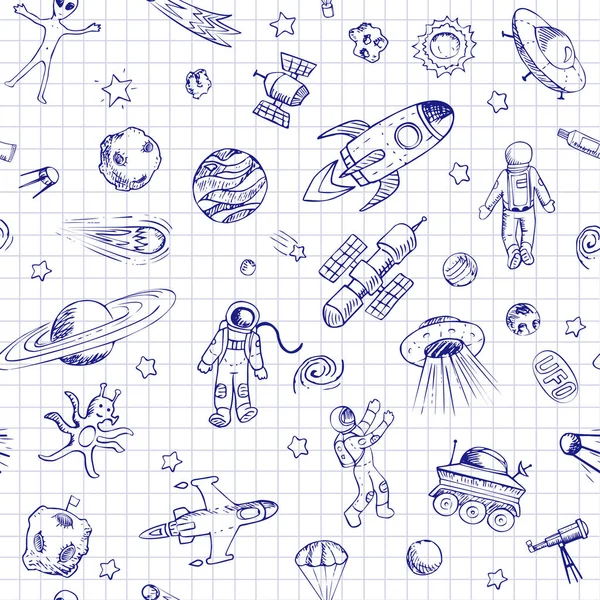 Vektor doodle prostor vzor bezešvé s objekty v prostoru. — Stockový vektor