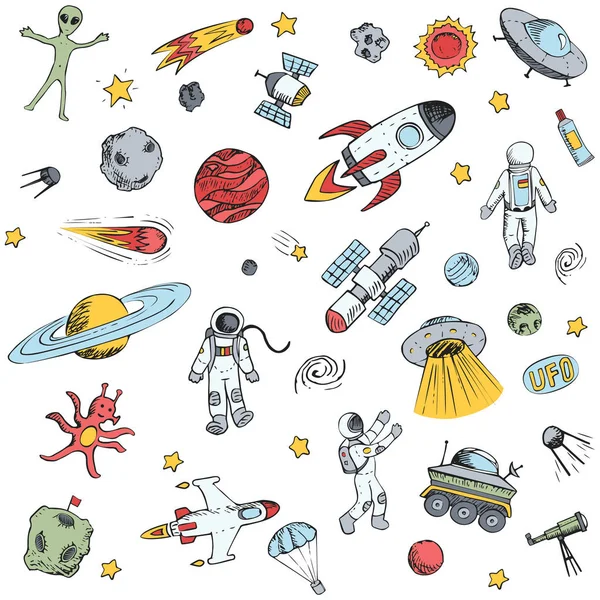 Colorido vetor mão desenhada doodles cartoon set objetos espaciais —  Vetores de Stock