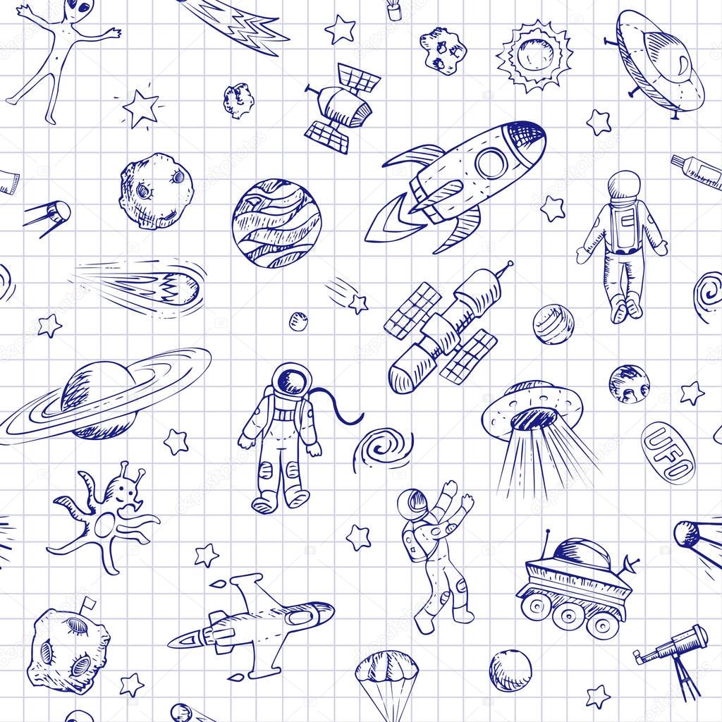 Vector doodle space seamless pattern with space objects.