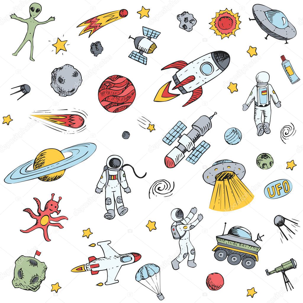 Colorful vector hand drawn doodles cartoon set space objects