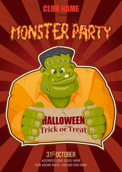 万圣节之夜聚会与弗兰肯斯坦的怪物角色设计 — 图库矢量图片