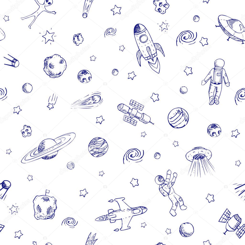 Vector doodle space seamless pattern with space objects