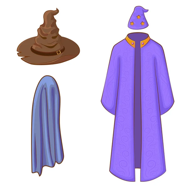 Ensemble d'icônes : chapeau magique, manteau, manteau d'invisibilité. Équipement de sorcière dans le style de dessin animé . — Image vectorielle