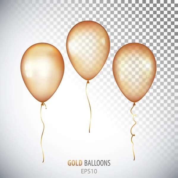 Realistické 3d transparentní zlato helium balónky izolované na bílém — Stockový vektor