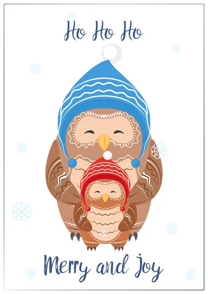 圣诞贺卡与一家猫头鹰。祝贺你快乐 — 图库矢量图片