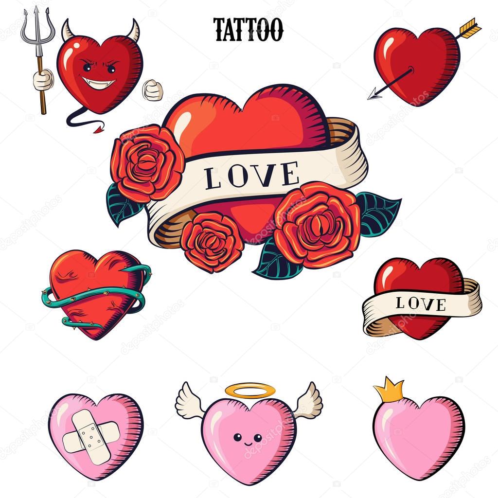 Set of hearts. Tattoo hearts: Devil, angel, heart with arrow, with ribbon and the inscription - love. Old School Tattooing Style Ink Heart.