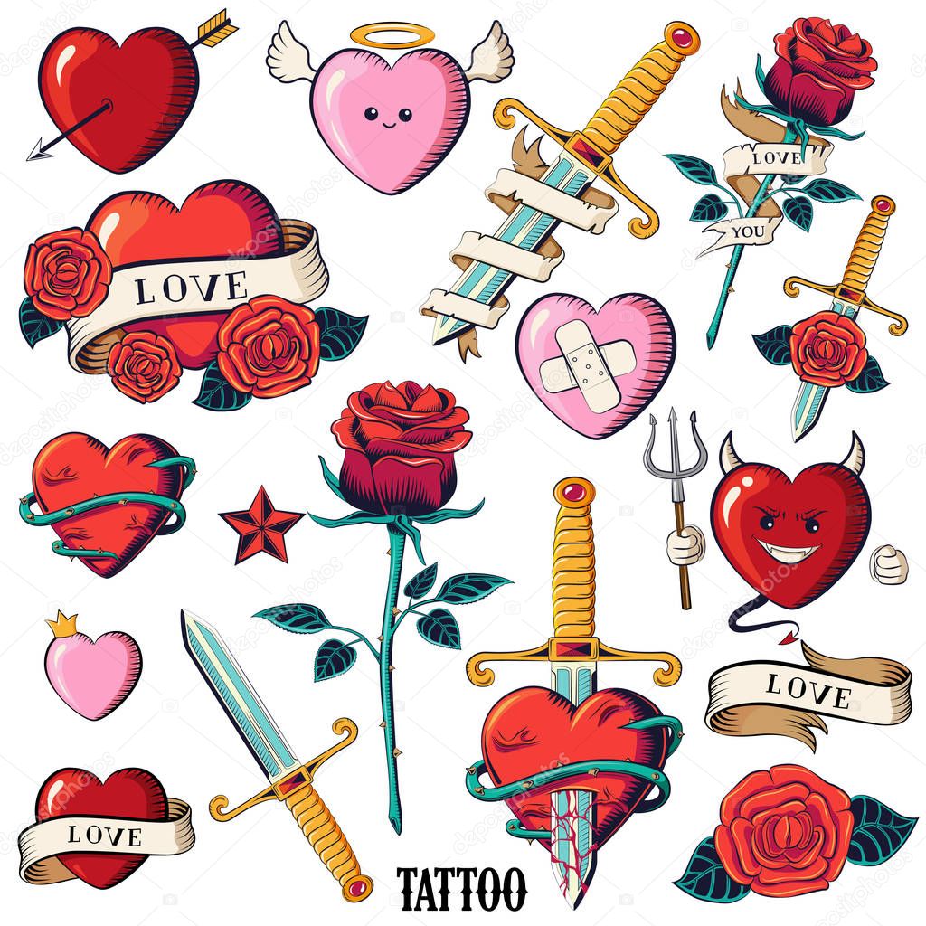 Set of hearts, roses and knifes. Isolated tattoo hearts: Devil, angel, heart with arrow, with ribbon and the inscription - love.