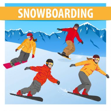 Vektör sporcular snowboard erkek ve kız kümesi. Dağ la