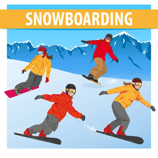 Conjunto de atletas vetores snowboarders meninos e meninas. Montanha la — Vetor de Stock