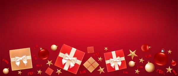 Weihnachten Hintergrund Grußkarte. Vorlage für Flyer, Plakat, Einladung zum Abendessen, Werbebanner. Illustration mit Weihnachtskugeln, Sternen, Geschenkboxen und Platz für Text. roter Hintergrund — Stockvektor