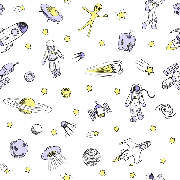 Απρόσκοπτη μοτίβο με διαστημικά αντικείμενα. Διαστημικά σκάφη, πύραυλοι, πλανήτες, ιπτάμενοι δίσκοι, αστροναύτες, αστέρια, κομήτες, UFO κ.λπ. — Διανυσματικό Αρχείο