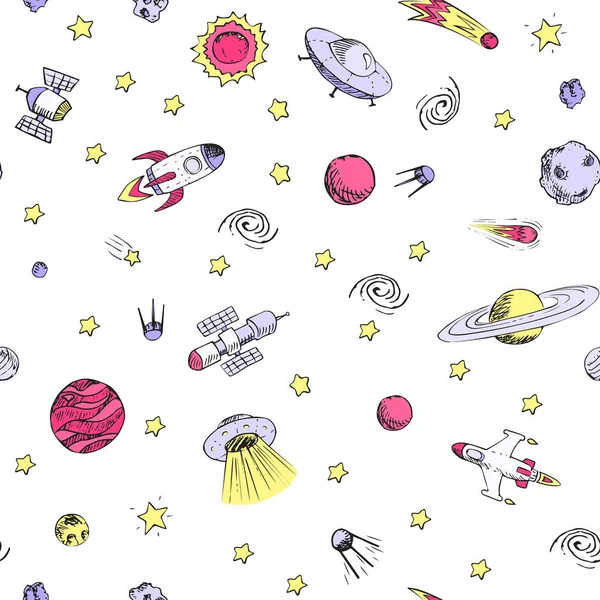 宇宙物体とのシームレスなパターン。宇宙船、ロケット、惑星、空飛ぶ円盤、宇宙飛行士、星、彗星、情報等 — ストックベクタ