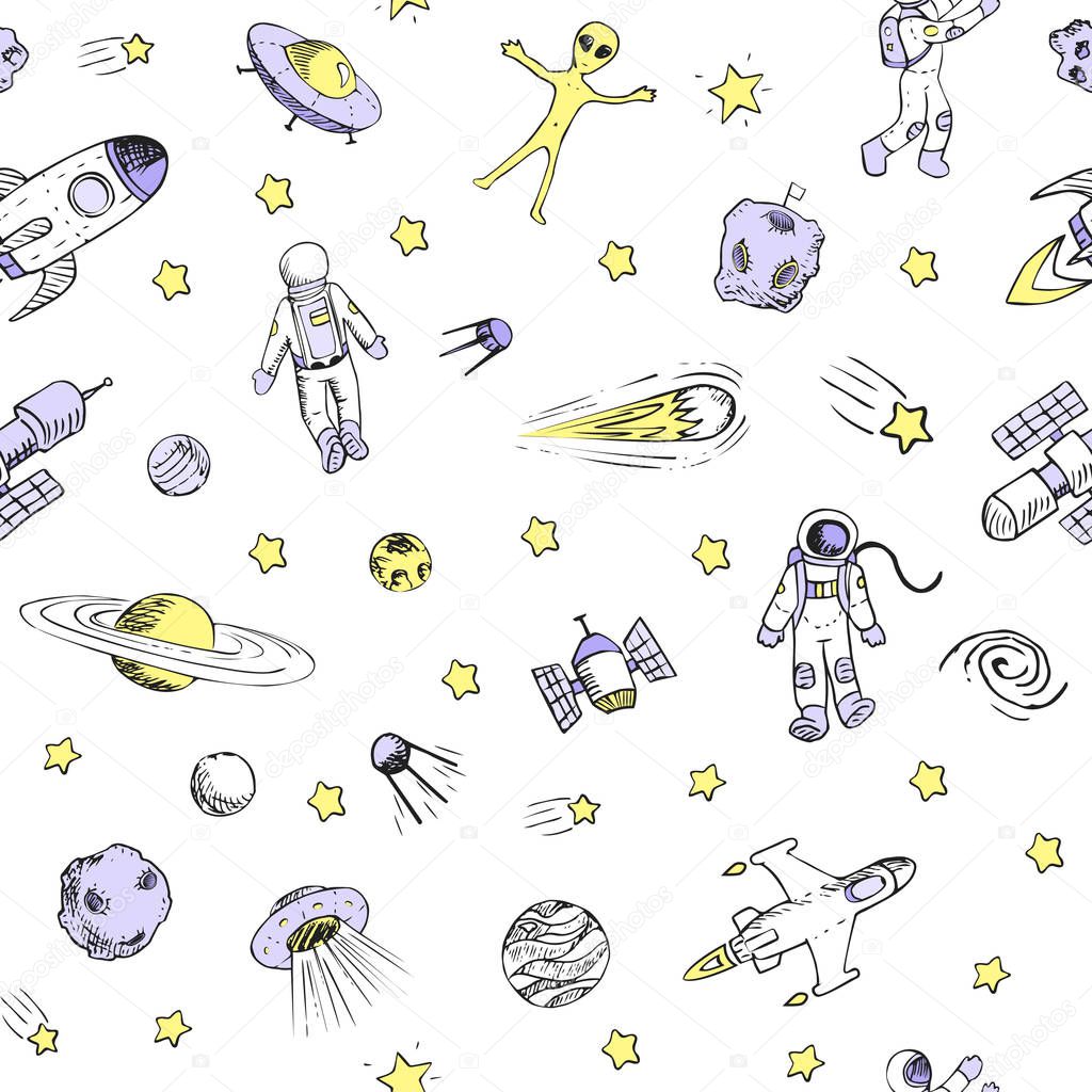 Seamless pattern with space objects. Space ships, rocket, planets, flying saucers, astronauts, stars, comets, ufo etc
