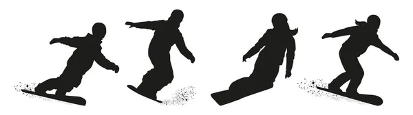 Set di snowboarder vettoriali ragazzi e ragazze. Sport invernali. Silhouette nera — Vettoriale Stock