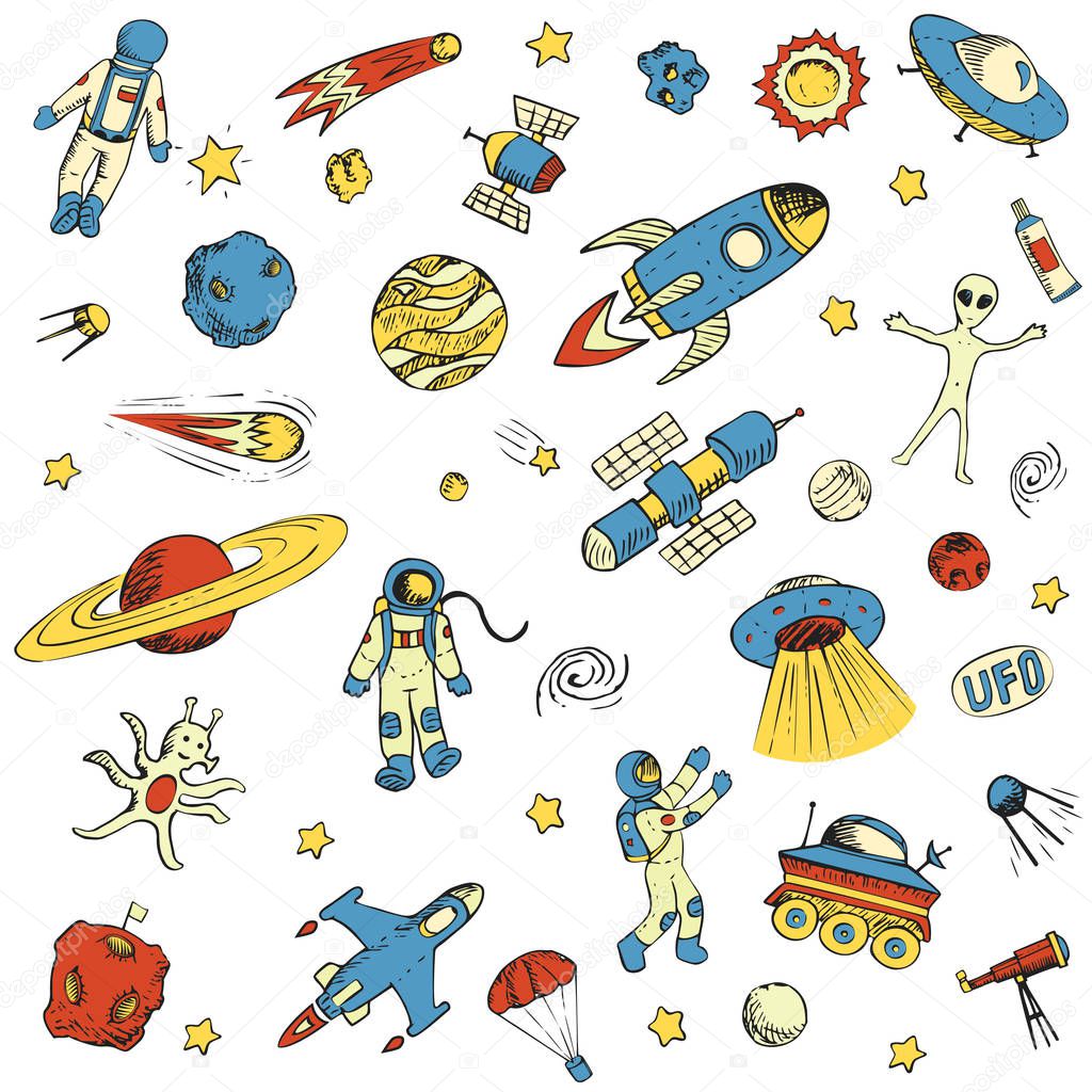 Hand drawn space objects astronaut, spaceship, alien, satellite, rocket, universe, spaceman.