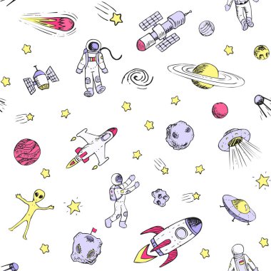 Uzay nesneleriyle kusursuz desen. Uzay gemileri, roketler, gezegenler, uçan daireler, astronotlar, yıldızlar, kuyruklu yıldızlar, UFO vs.