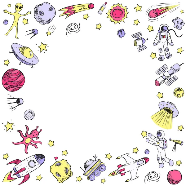 Vector doodle objetos espaciais. Astronauta, alienígena, galáxia, nave espacial, astronauta. Desenho para colorir . —  Vetores de Stock
