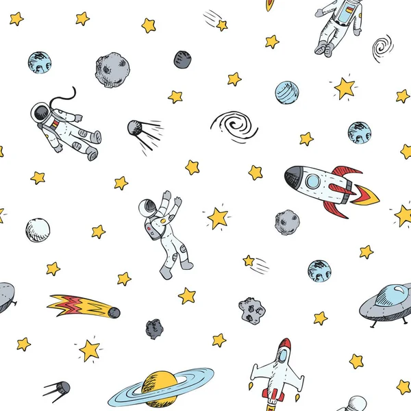 Бесшовный узор с космическими объектами. Космические корабли, ракеты, планеты, летающие тарелки, космонавты, звезды, кометы, НЛО и т.д. — стоковый вектор