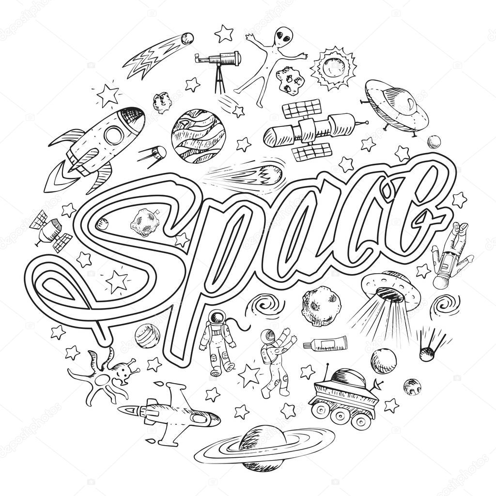 Vector doodle space objects. Astronaut, alien, galaxy, space ship, spaceman. Coloring page.