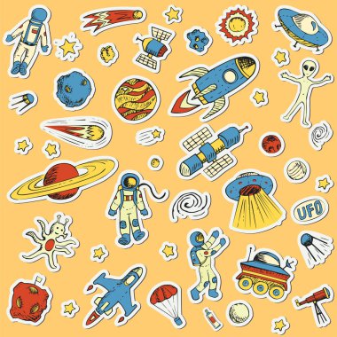 El çizimi uzay nesneleri astronot, uzay gemisi, uzaylı, uydu, roket, evren, uzay adamı.