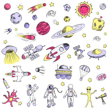 El çizimi uzay nesneleri astronot, uzay gemisi, uzaylı, uydu, roket, evren, uzay adamı.