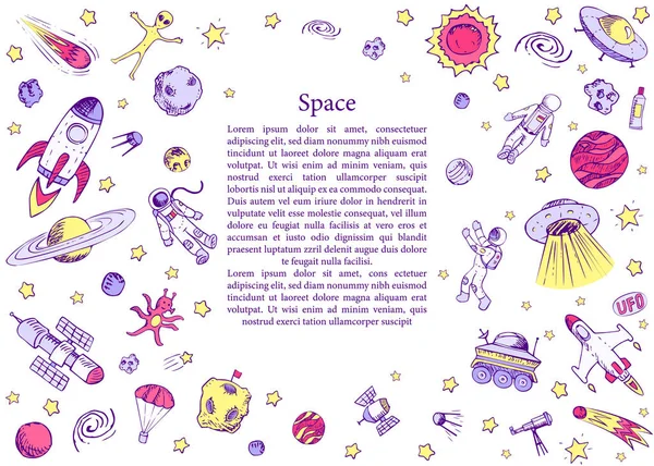 Objetos espaciais desenhados à mão astronauta, nave espacial, alienígena, satélite, foguete, universo, astronauta . — Vetor de Stock
